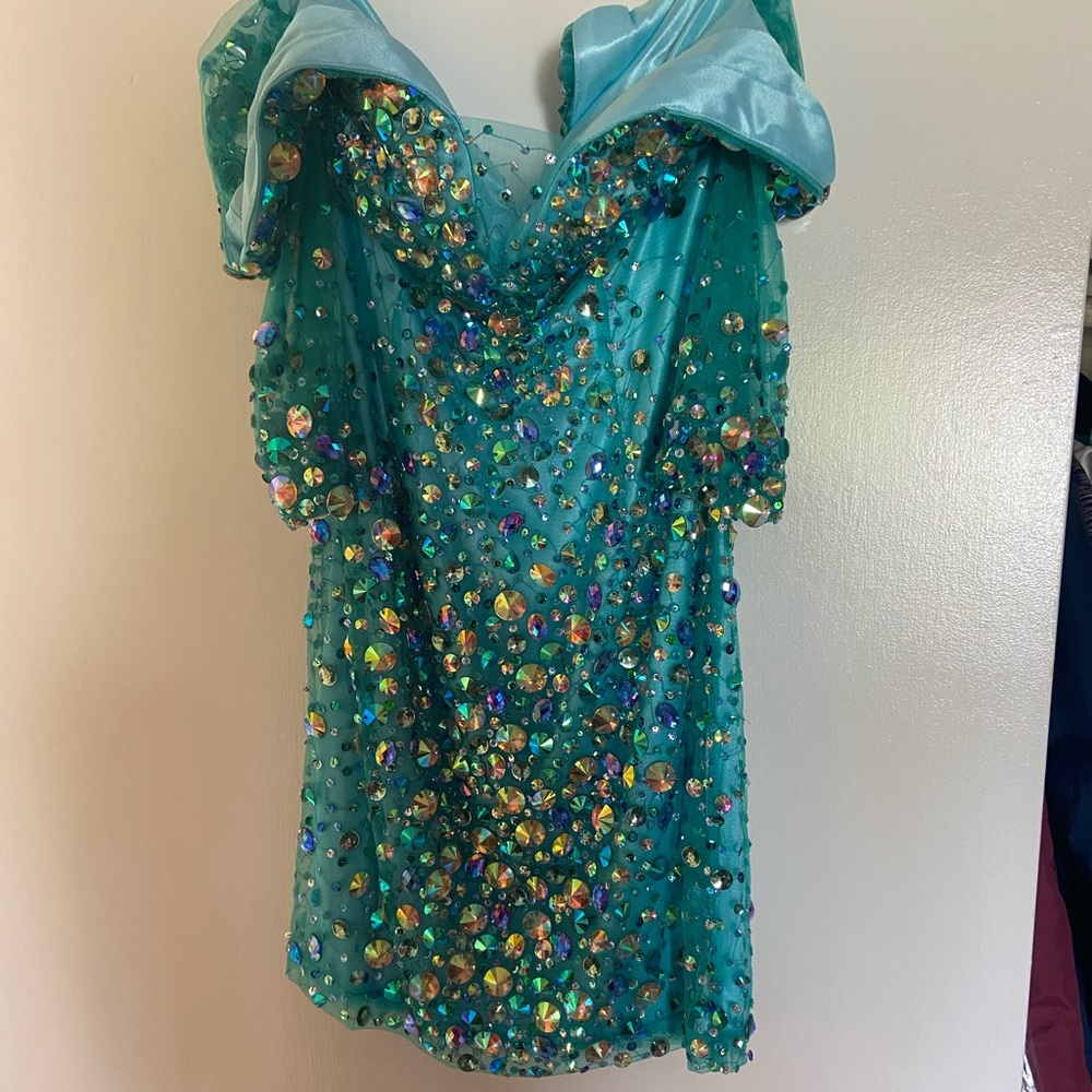 Jovani over the shoulder beaded rinestones dress